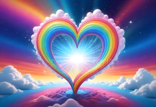 AI generated of a rainbow heart in the sky with the sun shining through it