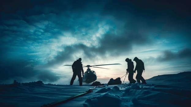 Witness the gripping scenes of search and rescue missions unfolding in snowy landscapes captured through dramatic documentary photography. Silhouetted against the harsh backdrop, the rescue team navigates treacherous terrain, embodying bravery and determination.