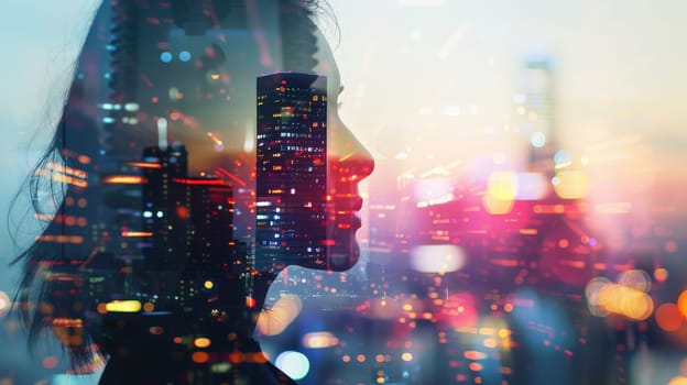 Explore the convergence of urban sophistication and digital innovation in this captivating double exposure. A woman's face emerges, seamlessly merging with the cityscape and data streams, symbolizing the integration of humanity and technology. Against a backdrop of blurred natural scenery, witness the embodiment of a futuristic and innovative concept.