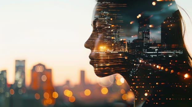 Explore the convergence of urban sophistication and digital innovation in this captivating double exposure. A woman's face emerges, seamlessly merging with the cityscape and data streams, symbolizing the integration of humanity and technology. Against a backdrop of blurred natural scenery, witness the embodiment of a futuristic and innovative concept.