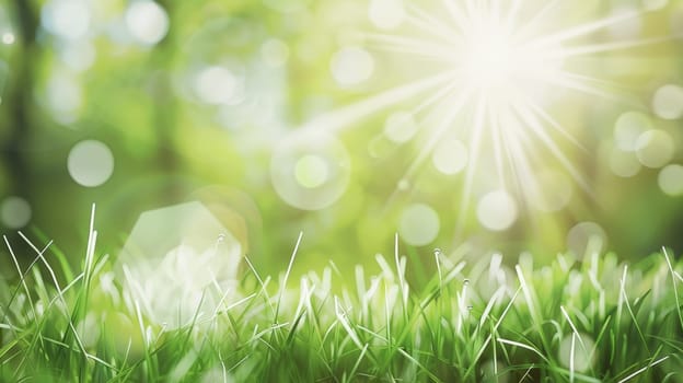 Immerse yourself in the tranquil beauty of spring with this captivating scene. A soft defocused background envelops lush green grass, while a gentle sunburst and bokeh dance in harmony, painting a picture of serenity and renewal.