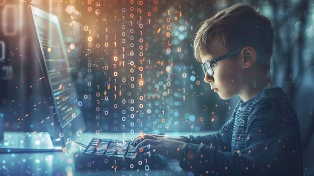 Witness the digital journey of a young boy as he delves into the realm of technology. With focused determination, he sits at his computer, surrounded by a mesmerizing array of floating numbers against a backdrop of binary code. Captured with precision using a Canon EOS camera and bathed in natural light, this image epitomizes the intersection of curiosity and innovation.