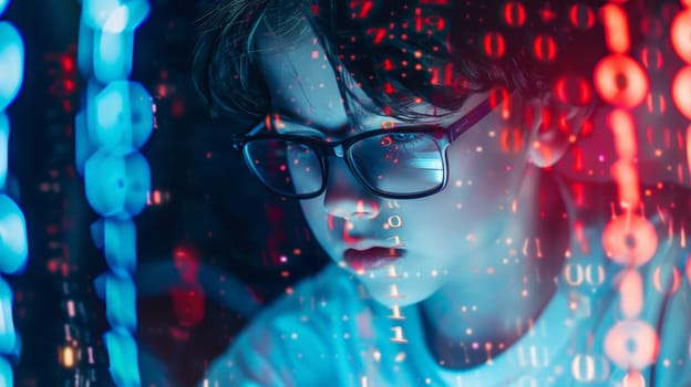 Witness the digital journey of a young boy as he delves into the realm of technology. With focused determination, he sits at his computer, surrounded by a mesmerizing array of floating numbers against a backdrop of binary code. Captured with precision using a Canon EOS camera and bathed in natural light, this image epitomizes the intersection of curiosity and innovation.