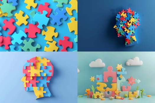 World autism awareness day, Images of children with autism holding their energy standing and looking at the colorful wall exploded in abundance, Flat design 3d style, Generative ai