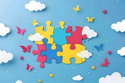 World autism awareness day, Images of children with autism holding their energy standing and looking at the colorful wall exploded in abundance, Flat design 3d style, Generative ai