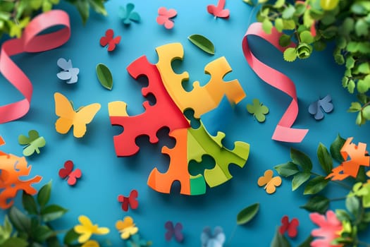 World autism awareness day, Images of children with autism holding their energy standing and looking at the colorful wall exploded in abundance, Flat design 3d style, Generative ai