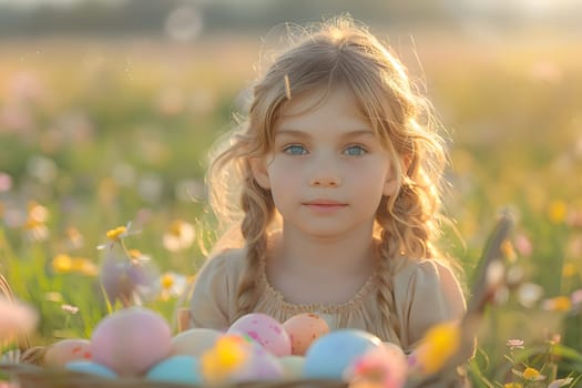 Happy Easter basket eggs, A girl sits happily in the morning grass. There are colorful eggs in the basket to celebrate Easter., Blurred background, Generative Ai