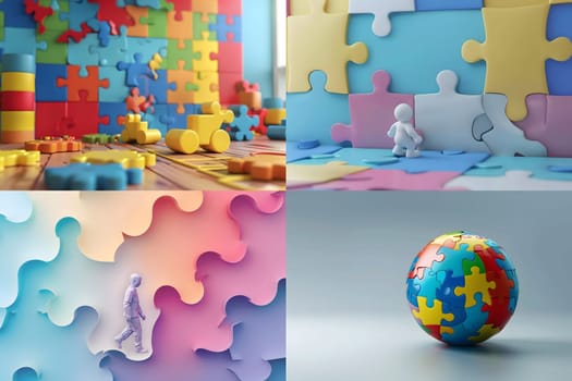 World autism awareness day, Images of children with autism holding their energy standing and looking at the colorful wall exploded in abundance, Flat design 3d style, Generative ai