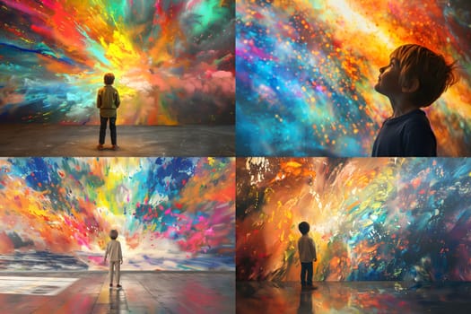 World autism awareness day, Images of children with autism holding their energy standing and looking at the colorful wall exploded in abundance, generative ai