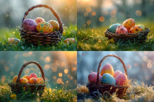 Easter basket eggs, On the grass in the morning there is a soft blurred background with beautiful patterns and colorful to be used on the celebration of the new beginning of life, Generative Ai