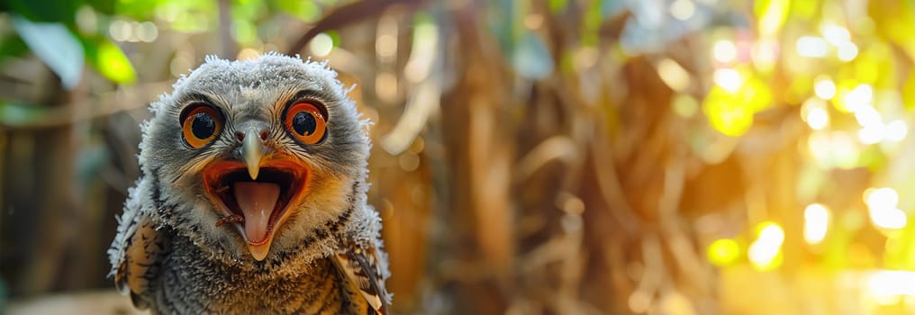 Cute baby owl chick sit in a nest or on branch waiting for food. surrounded by Spanish moss leaves in a forest. Mother looks out at pretty to feed the cute juvenile bird that has fluffy white feathers. wildlife copy space
