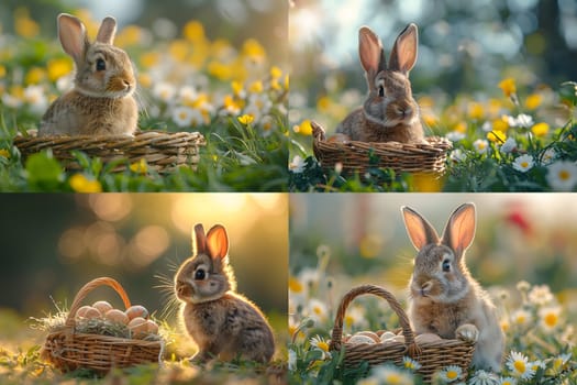 Easter bunny eggs, On the grass in the morning there is a soft blurred background with beautiful patterns and colorful to be used on the celebration of the new beginning of life, Generative Ai