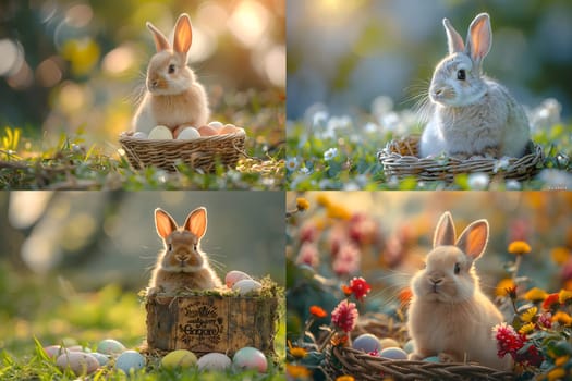 Easter bunny eggs, On the grass in the morning there is a soft blurred background with beautiful patterns and colorful to be used on the celebration of the new beginning of life, Generative Ai