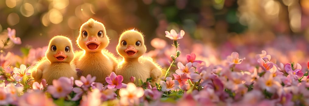 Cute newborn ducklings in spring landscape. 3D cartoon. Cute mother duck and yellow babies birds in lake swimming in pond. Young yellow ducks animation in the summer colorful