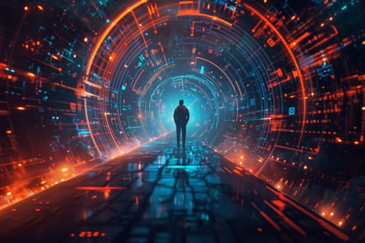 A man stands alone in the center of a tunnel, bathed in dim light, surrounded by shadows and mystery.