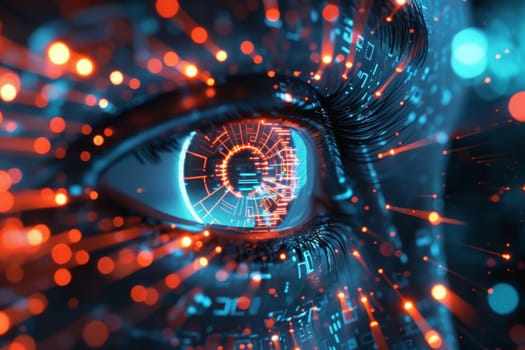 A close-up of an eye mesmerized by the dazzling glow of bright lights in the background, creating a captivating and surreal sight.