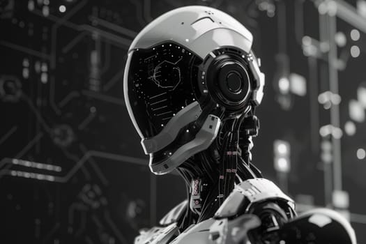 A robot with futuristic design stands confidently in front of a towering wall, exuding strength and determination.