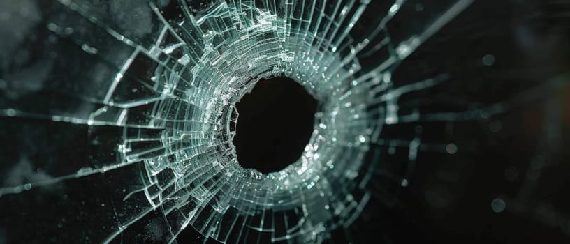 A close-up shot of a glass surface with a shattered impact point, showing intricate crack patterns