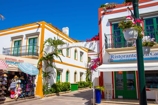 Gran Canaria, Spain, Sep 16, 2018. Puerto de Mogan, also called little Venice, with a small fishing harbour, romantic alleys and beautiful architecture. Popular town with shopping facilities, restaurants and pubs.