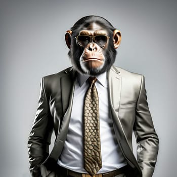 AI monkey in a suit. Businessman as an animal. Monkey head with suit and tie. Funny animal photo