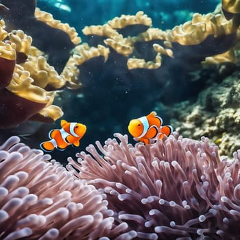 AI clown fish in a coral reef. Aquarium with saltwater underwater world. Fish in front of anemones