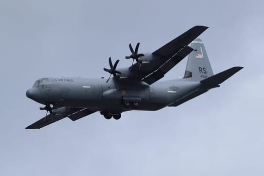 Kaiserslautern, Germany August 15, 2019: A US Air Force Lockheed C-130 Hercules approaching Ramstein Air Base