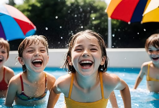 AI generated of four children are laughing in a pool with umbrellas