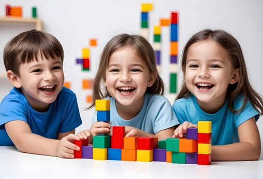 AI generated of three children are playing with blocks on a table