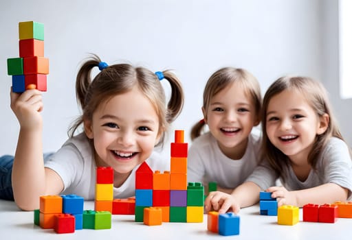AI generated of three girls are playing with blocks on a white background