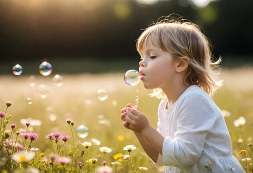 AI generated of a little girl blowing bubbles in a field of flowers