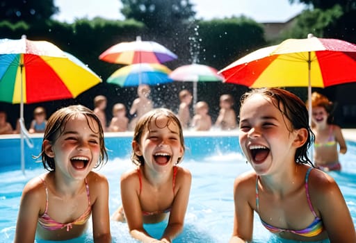 AI generated of three girls are laughing and having fun in the pool with colorful umbrellas