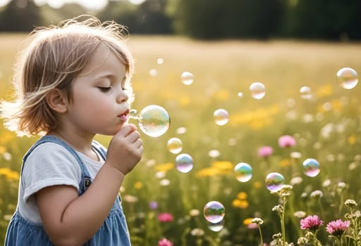 AI generated of a little girl blowing bubbles in a field with a field of flowers and grass