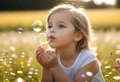 AI generated of a little girl blowing bubbles in a field with the sun behind her