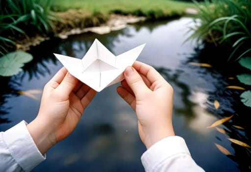 AI generated of a person holding a paper boat in front of a pond