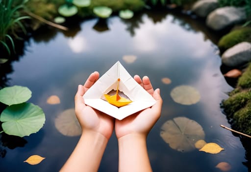 AI generated of a person holds a paper boat with a yellow leaf floating in the water
