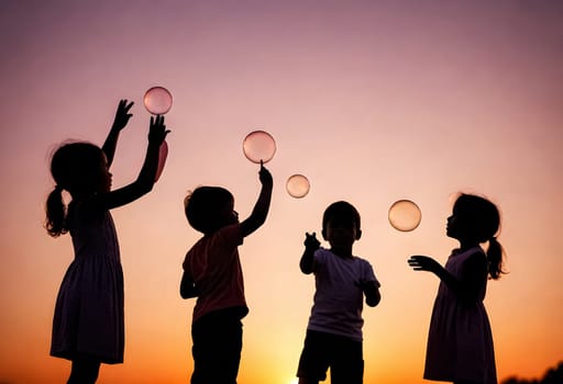 AI generated of children playing with soap bubbles at sunset