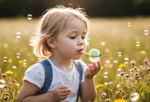 AI generated of a little girl is blowing bubbles in a field of flowers