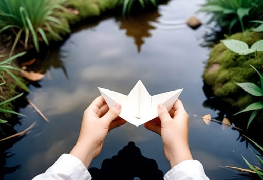 AI generated of a person holding a paper boat in front of a pond