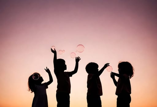 AI generated of silhouette of children playing with soap bubbles at sunset