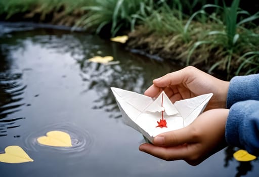 AI generated of a person holding a paper boat that has a red star on it