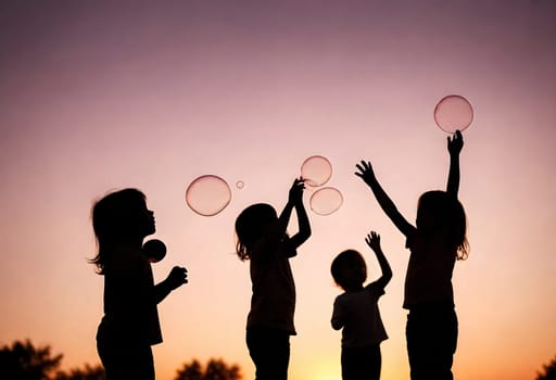 AI generated of silhouette of children playing with bubbles at sunset