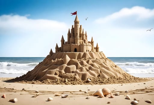 AI generated of a sand castle is on the beach and the ocean is in the background