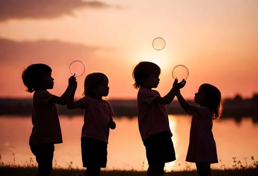 AI generated of a group of children playing with bubbles in front of a lake at sunset