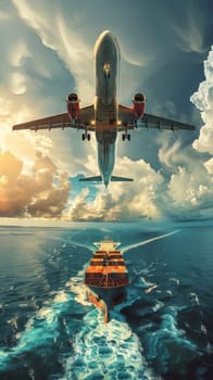 A dynamic composite image showcasing travel by air, land, and sea with an airplane, cargo ship, and train