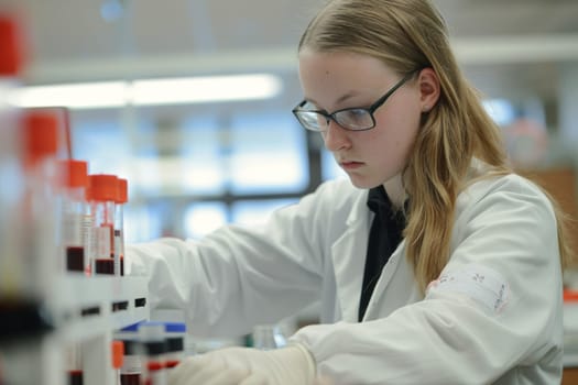 Focused lab assistant works meticulously with blood test tubes in a clinical setting