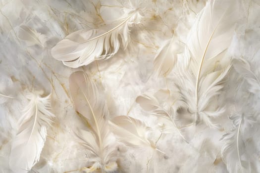 White delicate feathers arranged on a luxurious marble surface with natural patterns