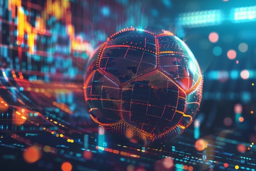 Soccer ball with illuminated data analytics overlay in close-up shot