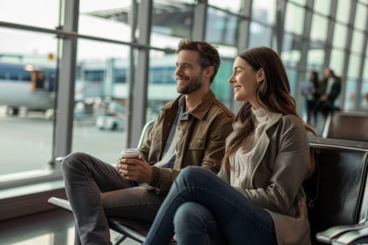 Smiling man and woman with takeaway coffee sitting in an airport waiting area