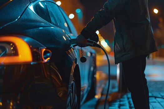 Person connecting a charger to an electric car with city lights in the background captured in close-up shot