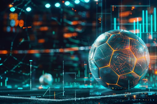 Soccer ball with illuminated analytics data on a futuristic interface captured in close-up view